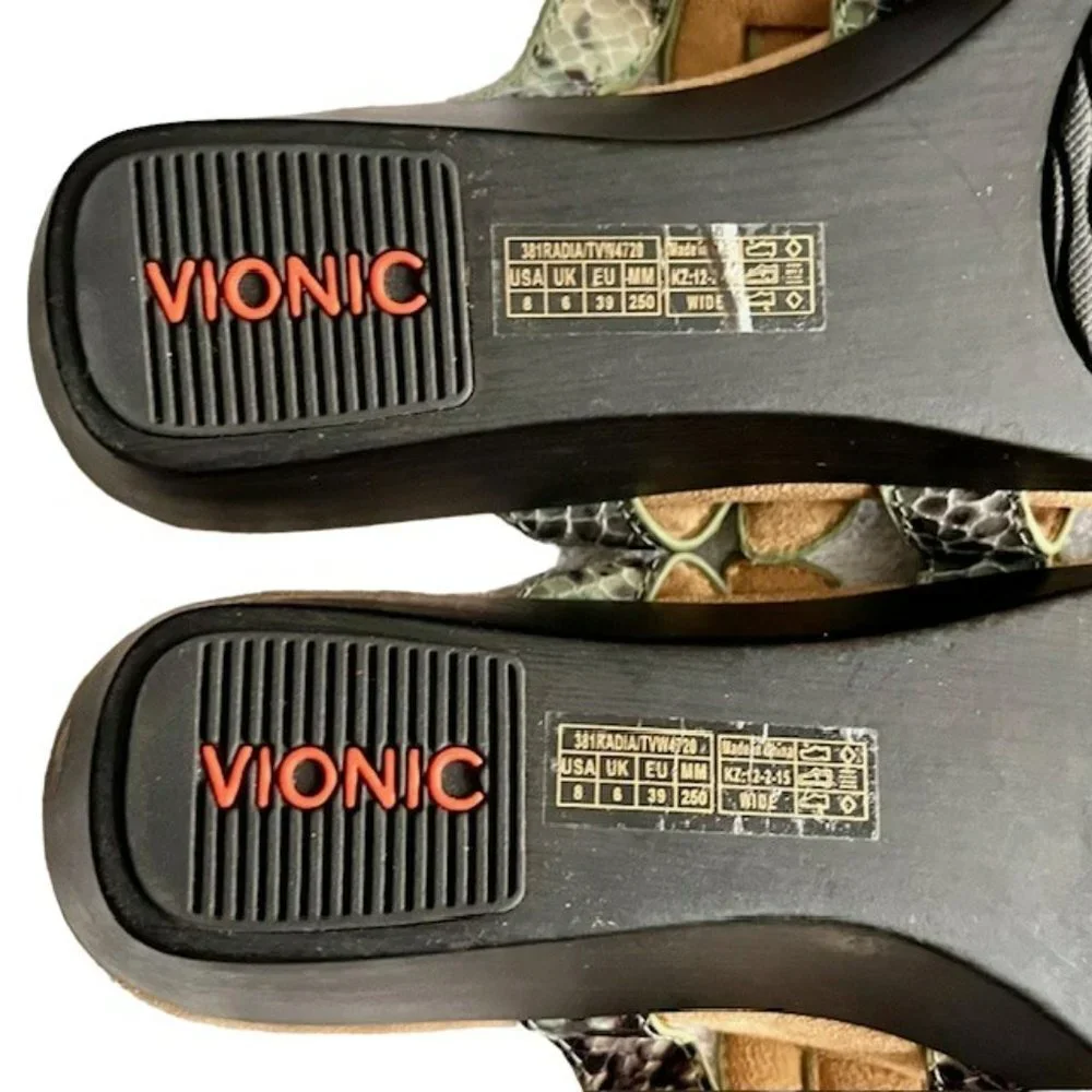 Vionic 381 Radia 3-Strap Wedge Sandals - Bluish/Brown/Salmon - 8 Wide
